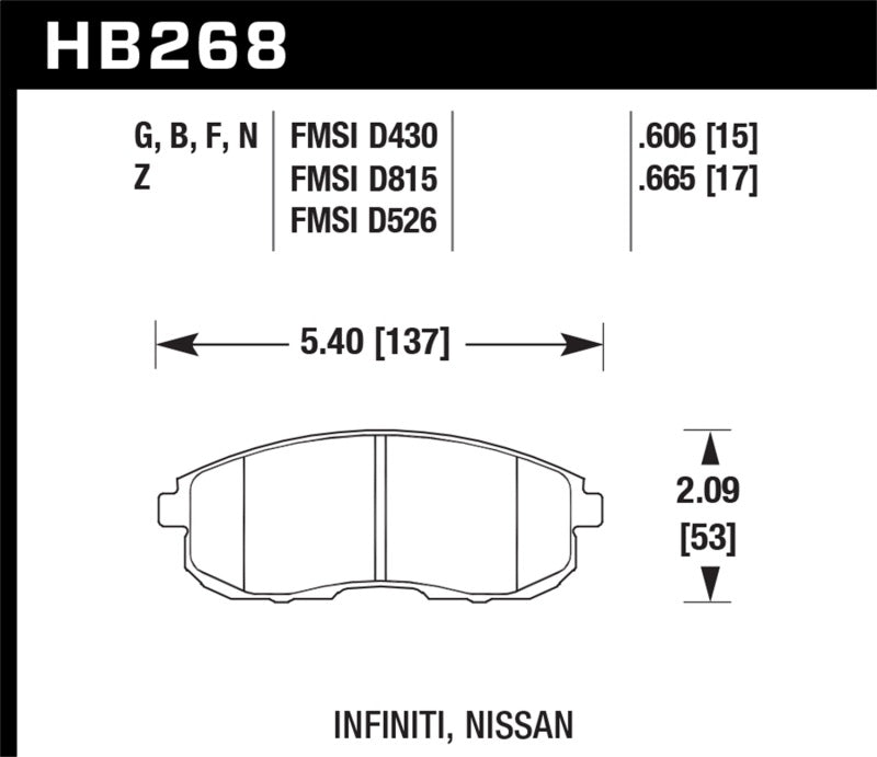 Hawk HB268G.665 03-04 G35/03-05 G35X/ 02-05 350z w/o Brembo DTC-60 Race Front Brake Pads