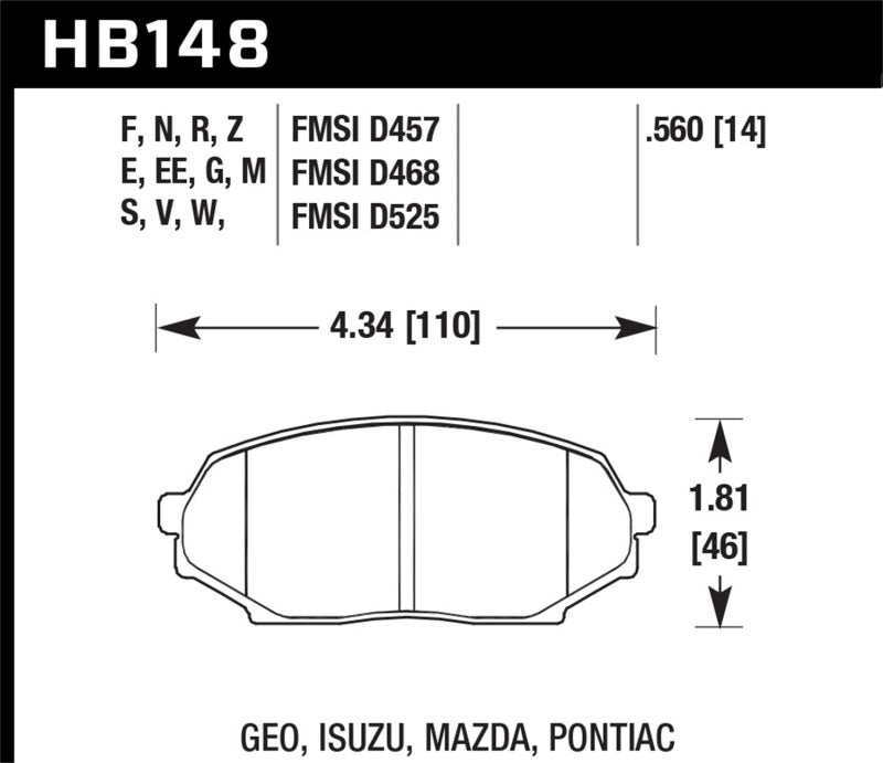 Hawk HB148G.560 90-93 Geo Storm / 90-92 Isuzu Impulse / 90-93 Mazda Miata DTC-60 Front Race Brake Pad