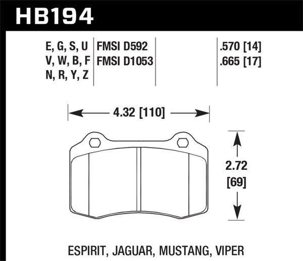 Hawk 96 & 00-02 Dodge Viper GTS/00-02 Viper RT 10 / 00 Ford Mustang SVT Cobra Race DTC-70 Plaquettes de frein