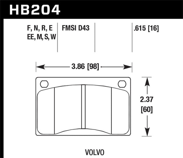 Hawk Volvo 142/145/164/240/242/244/245/262/265/1800 Bleu 9012 Plaquettes de frein de course