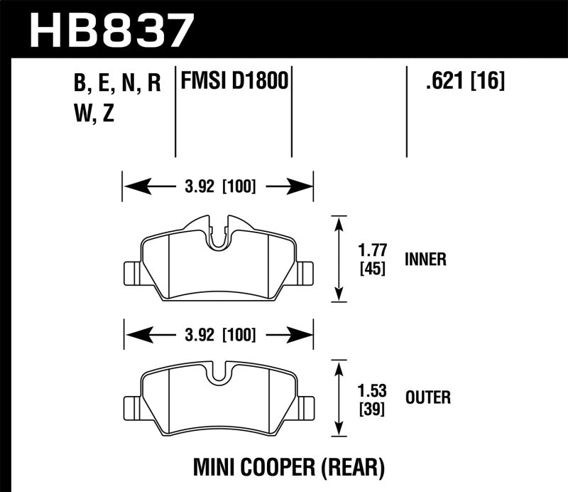 Hawk HB837B.621 14-17 Mini Cooper HPS 5.0 Rear Brake Pads